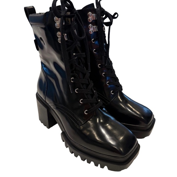 ALLSAINTS INDIGO Lace Up High Heel Combat Boots BLACK PATENT LEATHER US 8 EU 38 - Picture 2 of 15